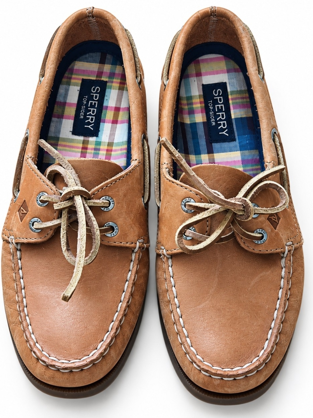 Sperry Top-Sider Women’s 8.5 Tan Leather Boat Shoes Plaid Lined Loafers